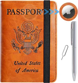 Airtag Passport Holder Cover Wallet Travel Essentials RFID Blocking Leather Card Case International Must Haves Travel Accessories for Women Men(119#Claybank)