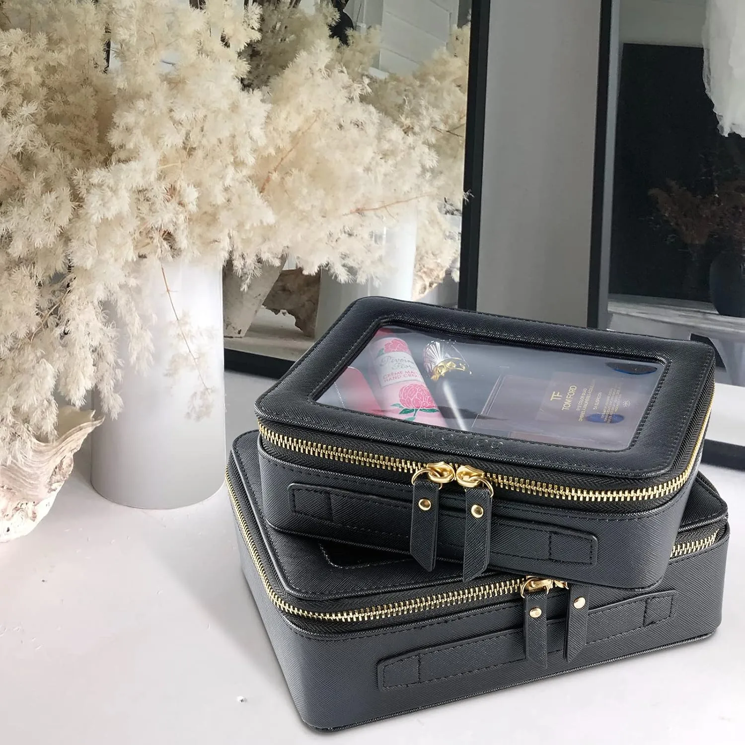 Aveniee Clear Makeup Bag Set,Portable Travel Toiletry Bag Cosmetic Case for Women,Vegan Leather Make Up Pouch Organizer Car Bag for Essentials 2pcs,Middle & Large,Black