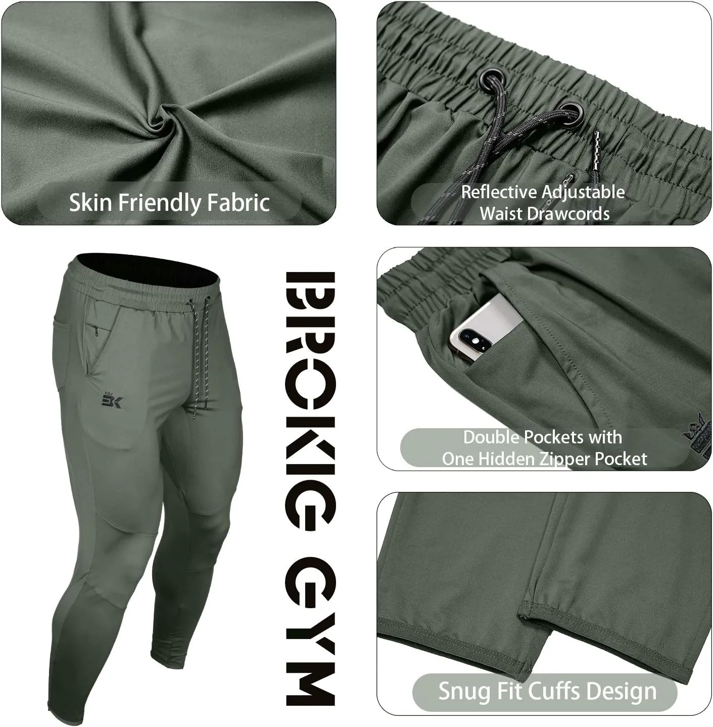 BROKIG Mens Lightweight Gym Jogger Pants,Men's Workout Sweatpants with Zip Pocket