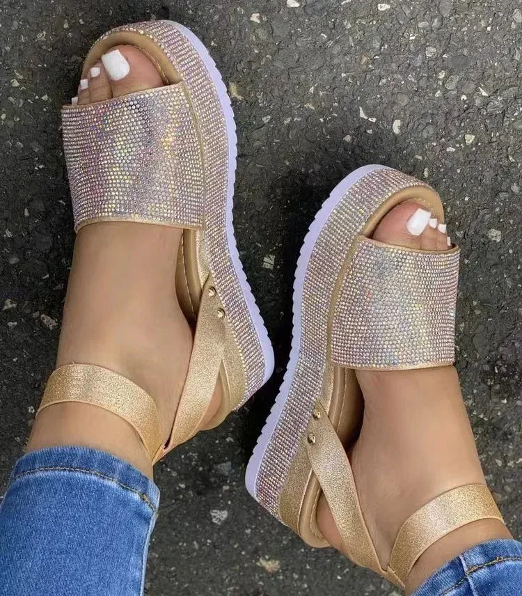 Hnzxzm Platform sandals Wedges Women's 2024 Trend Shoes Summer Woman Elegant Heels Fashion Party Dress Stylish Girls Black Rhinestone