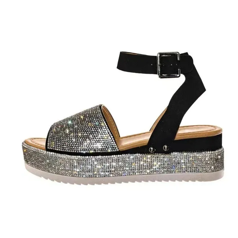 Hnzxzm Platform sandals Wedges Women's 2024 Trend Shoes Summer Woman Elegant Heels Fashion Party Dress Stylish Girls Black Rhinestone
