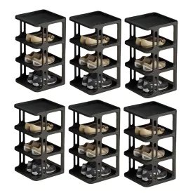 Kuber Industries (Set of 6) Waterproof Plastic Chappal Stand for Slipper & Footwear | 4-Layer Portable Shoe Rack For Home | Collapsible Design - Black