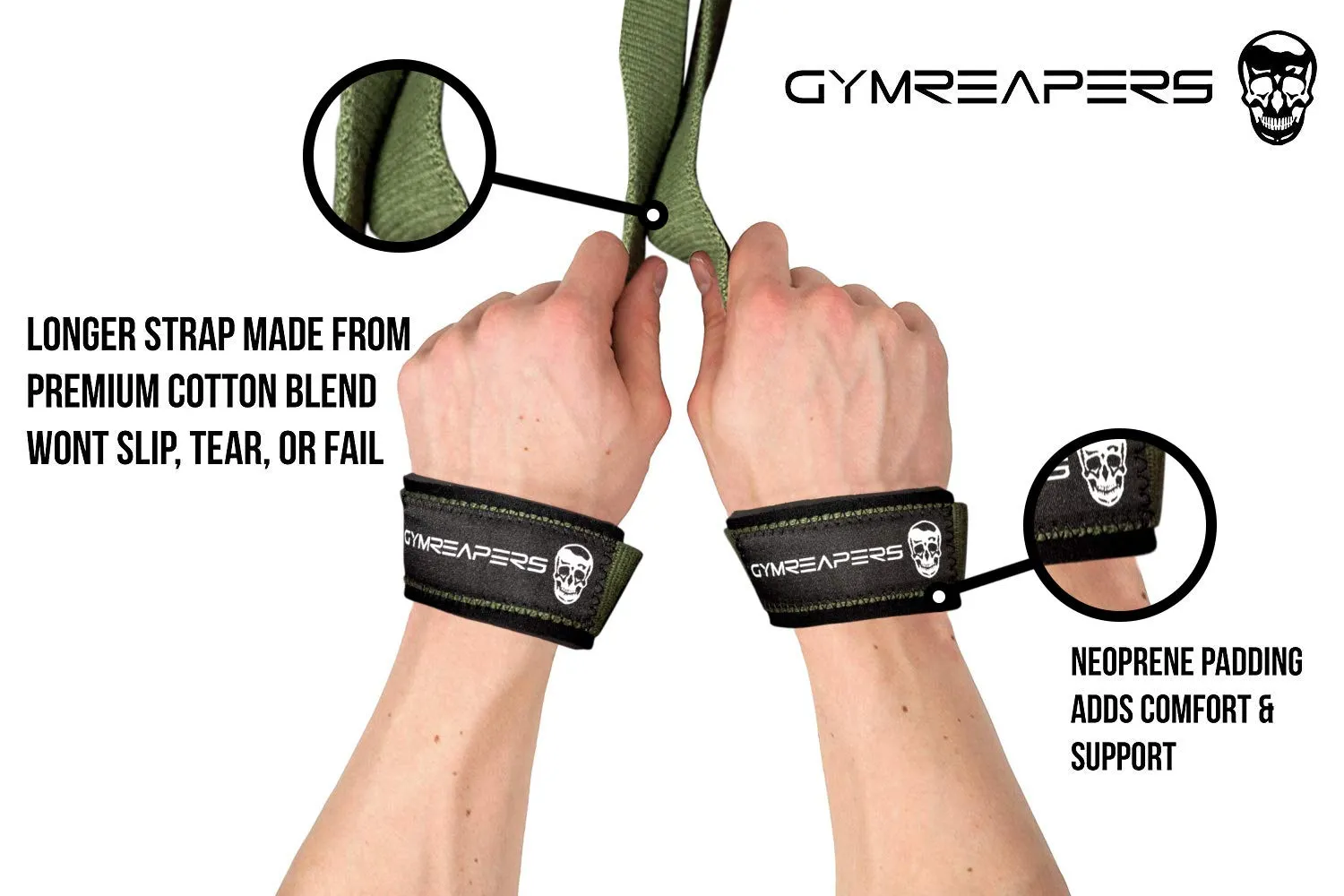 Lifting Wrist Straps for Weightlifting, Bodybuilding, Powerlifting, Strength Training, Deadlifts - Padded Neoprene with 18" Cotton (Military Green)