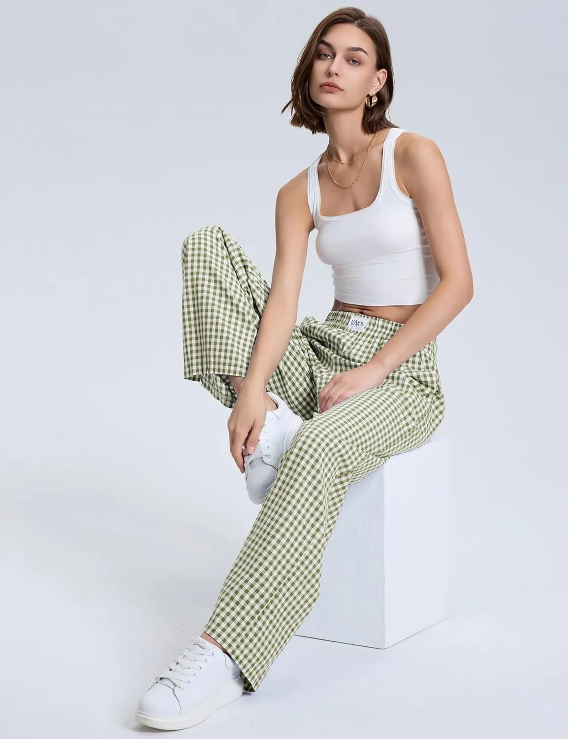 LOMON Women's Striped Gingham Boxer Pants Cotton Pajama Lounge Pj Casual Plaid Trousers Y2K Beach Bottoms with Pockets