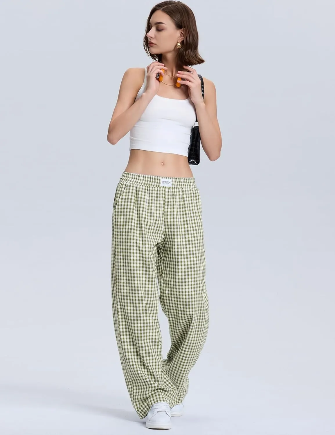 LOMON Women's Striped Gingham Boxer Pants Cotton Pajama Lounge Pj Casual Plaid Trousers Y2K Beach Bottoms with Pockets