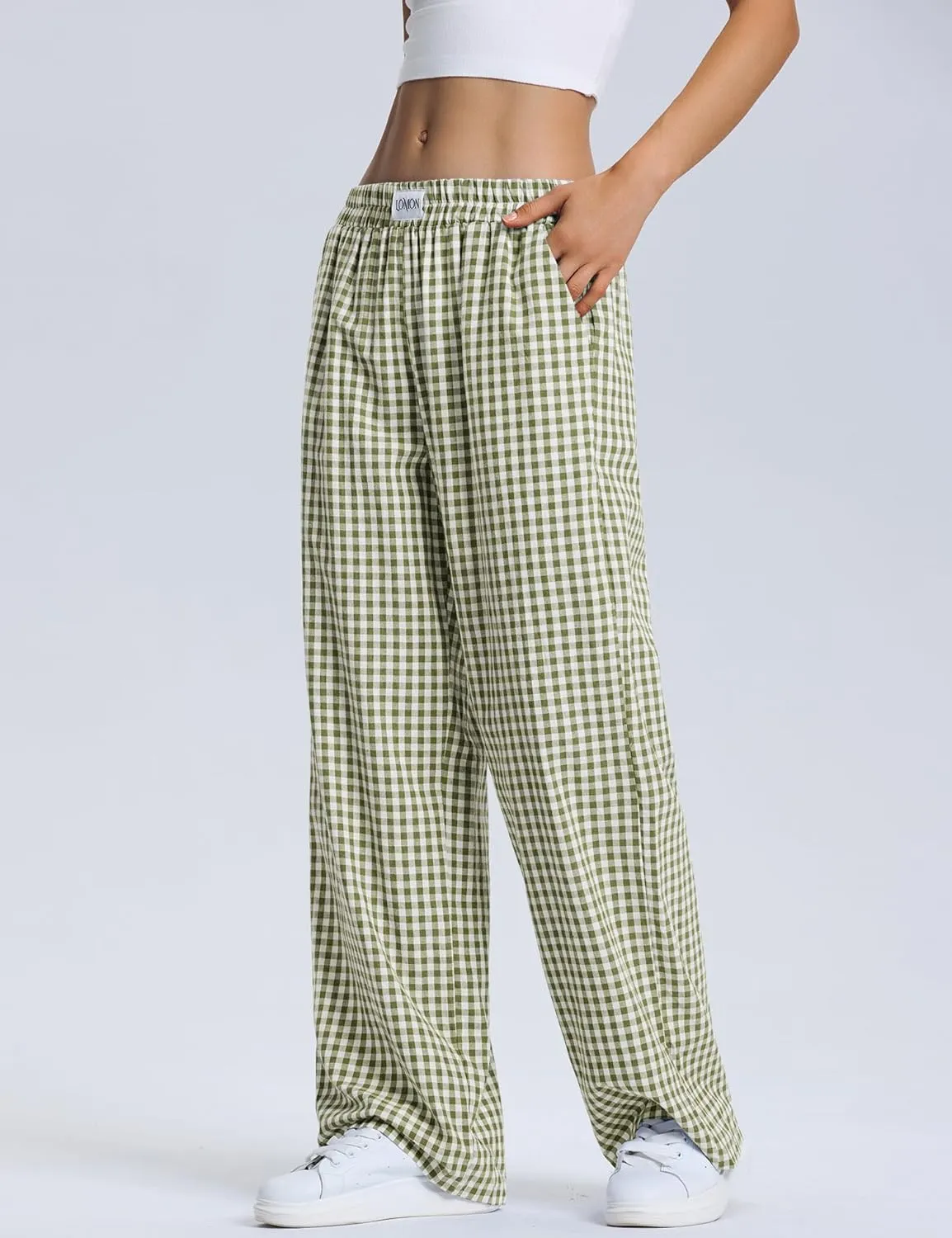 LOMON Women's Striped Gingham Boxer Pants Cotton Pajama Lounge Pj Casual Plaid Trousers Y2K Beach Bottoms with Pockets