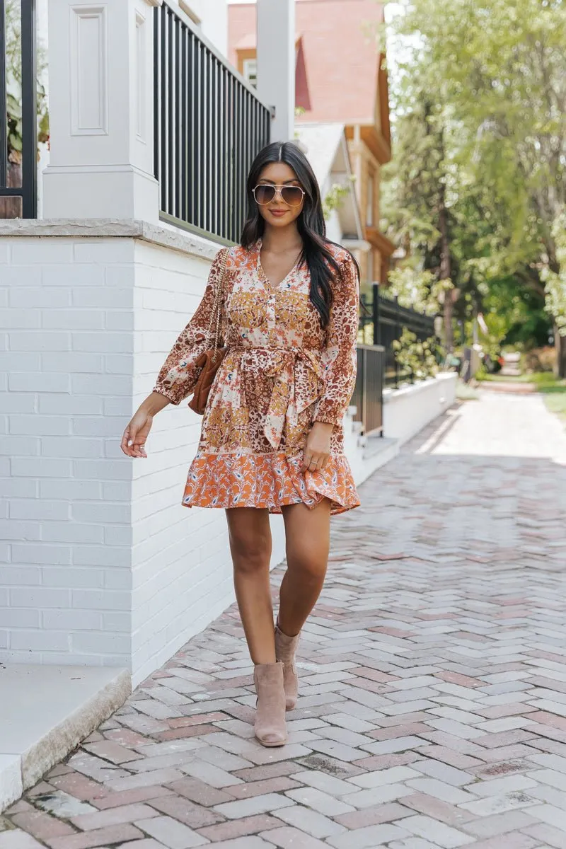 Orange Floral Print Belted Mini Dress - FINAL SALE
