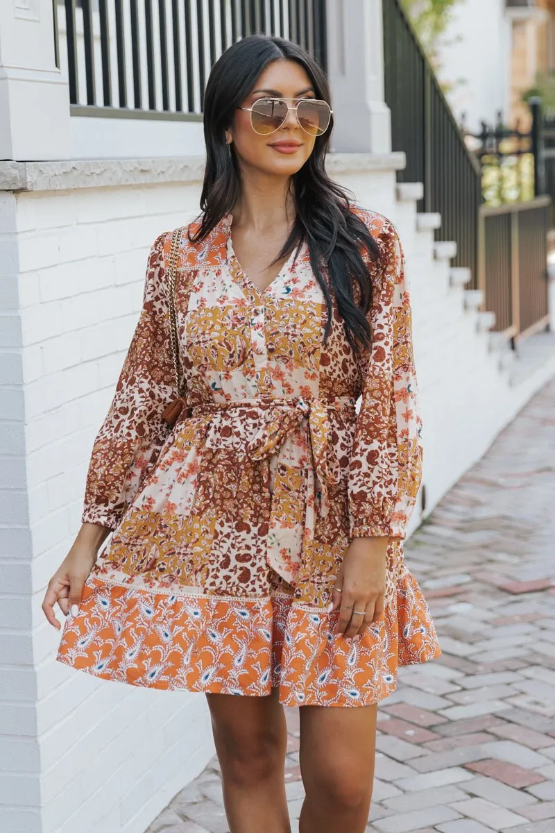 Orange Floral Print Belted Mini Dress - FINAL SALE