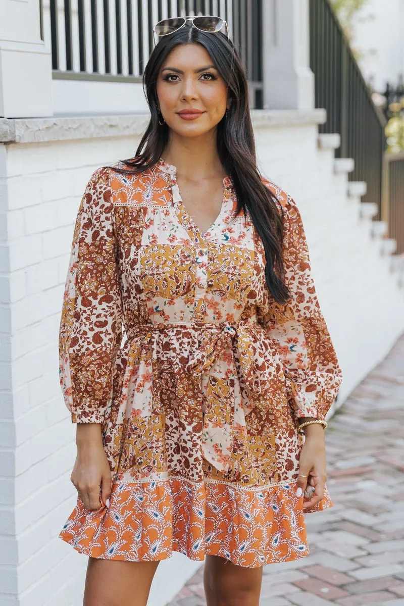 Orange Floral Print Belted Mini Dress - FINAL SALE