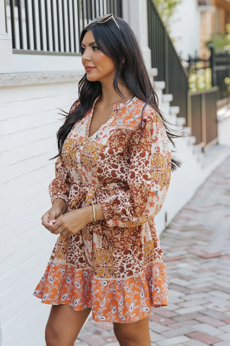 Orange Floral Print Belted Mini Dress - FINAL SALE