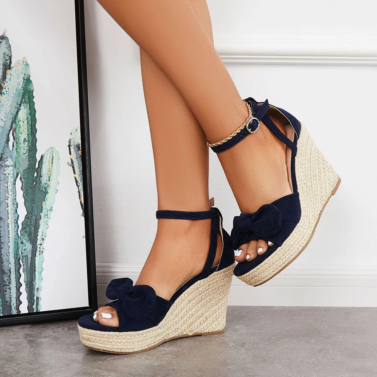 Sohiwoo  Women Bowknot Espadrille Platform Wedges Casual Summer Comfy Sandals