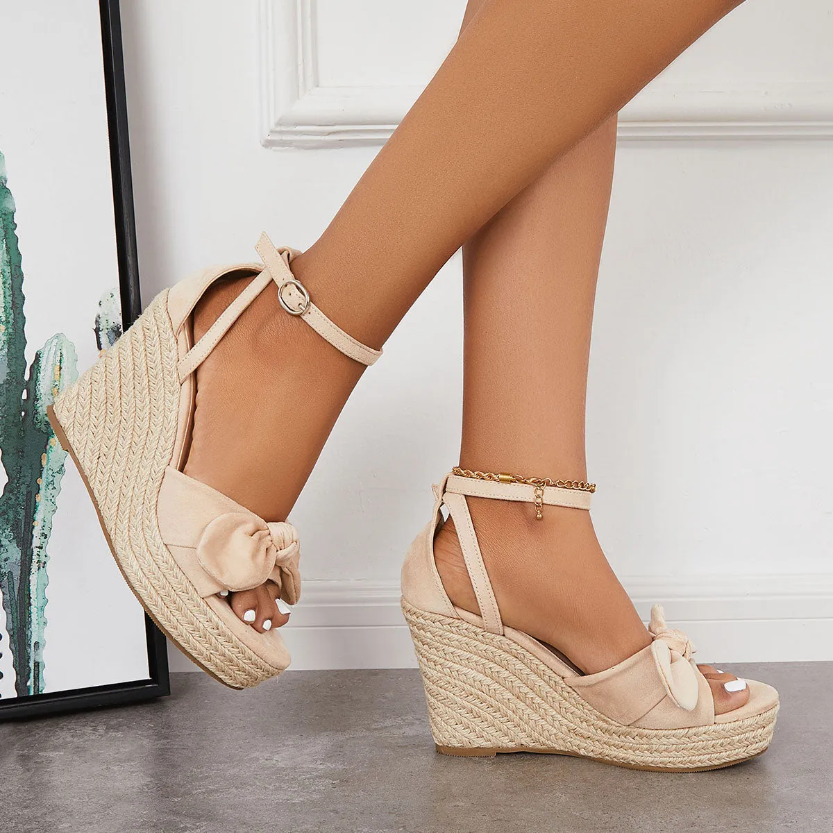 Sohiwoo  Women Bowknot Espadrille Platform Wedges Casual Summer Comfy Sandals