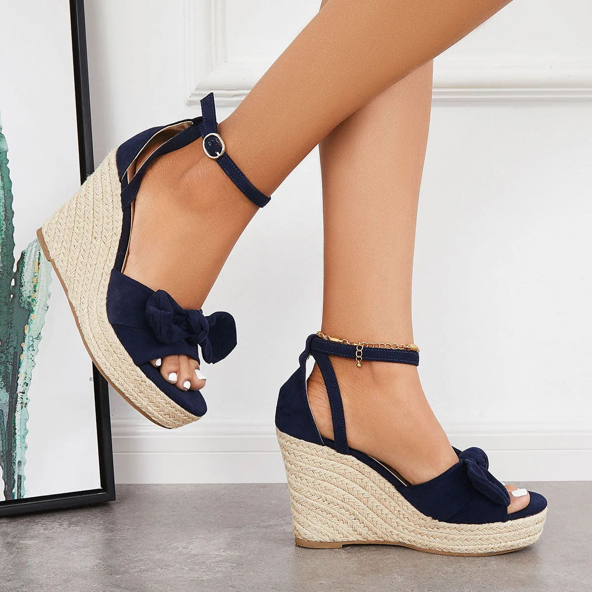 Sohiwoo  Women Bowknot Espadrille Platform Wedges Casual Summer Comfy Sandals