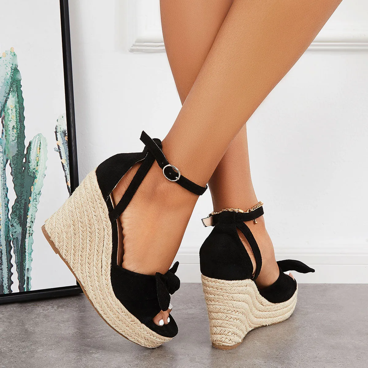 Sohiwoo  Women Bowknot Espadrille Platform Wedges Casual Summer Comfy Sandals