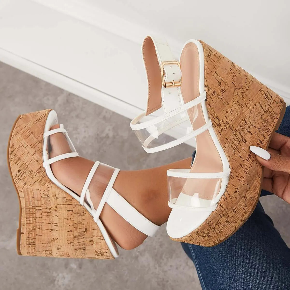 Sohiwoo Women Clear Cork Platform Wedges High Heel Ankle Strap Sandals