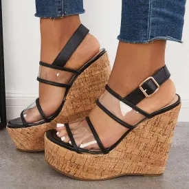 Sohiwoo Women Clear Cork Platform Wedges High Heel Ankle Strap Sandals