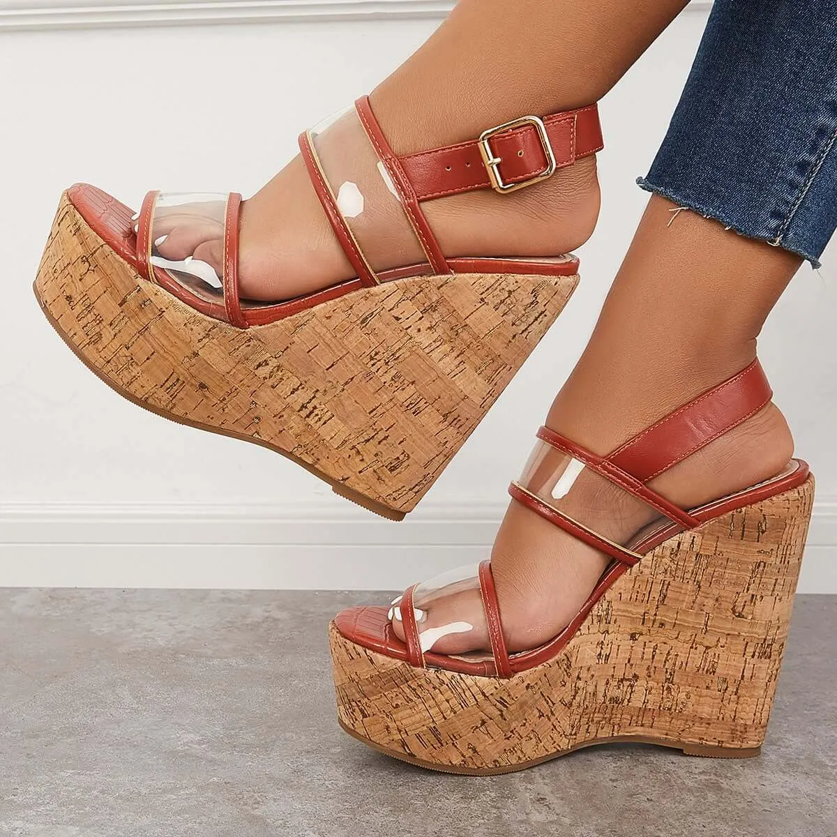 Sohiwoo Women Clear Cork Platform Wedges High Heel Ankle Strap Sandals