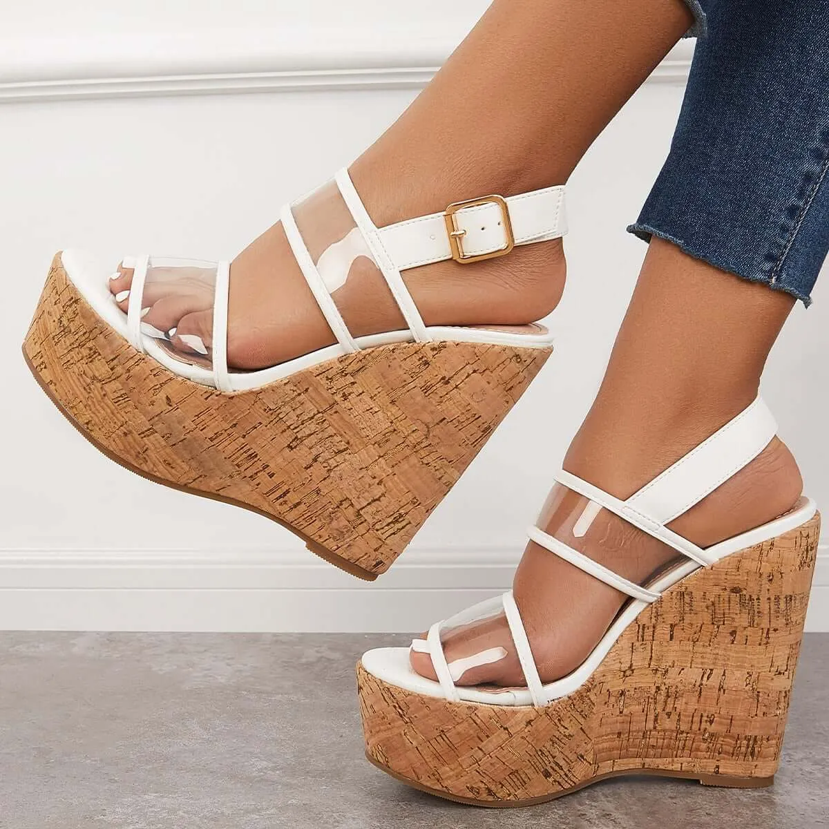 Sohiwoo Women Clear Cork Platform Wedges High Heel Ankle Strap Sandals