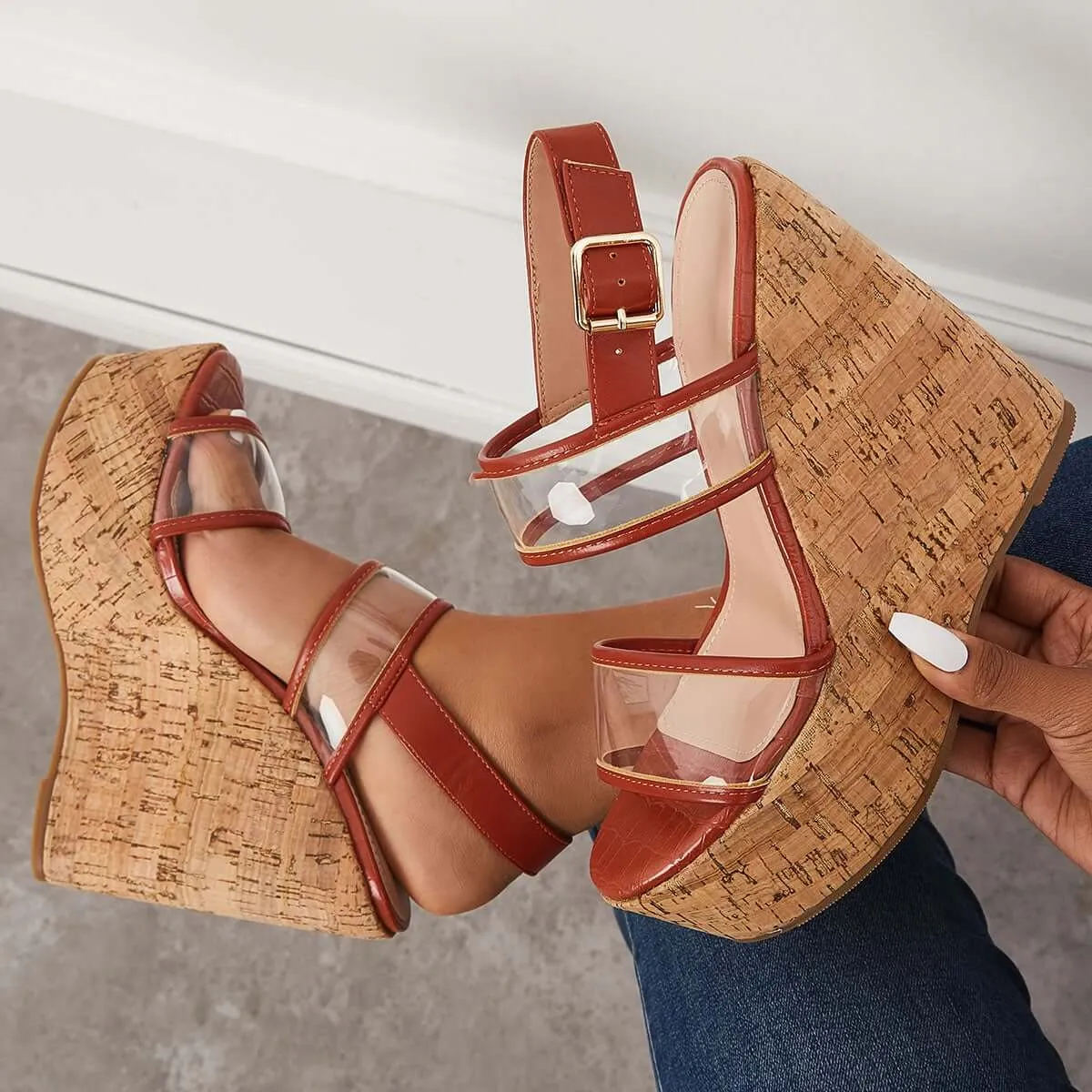 Sohiwoo Women Clear Cork Platform Wedges High Heel Ankle Strap Sandals