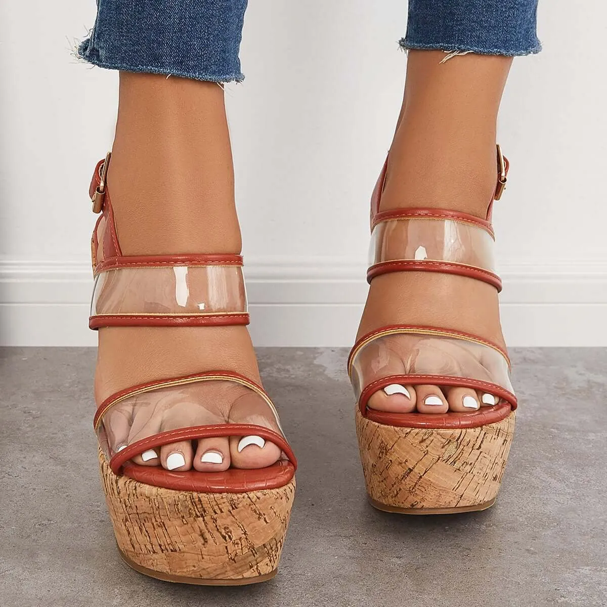 Sohiwoo Women Clear Cork Platform Wedges High Heel Ankle Strap Sandals