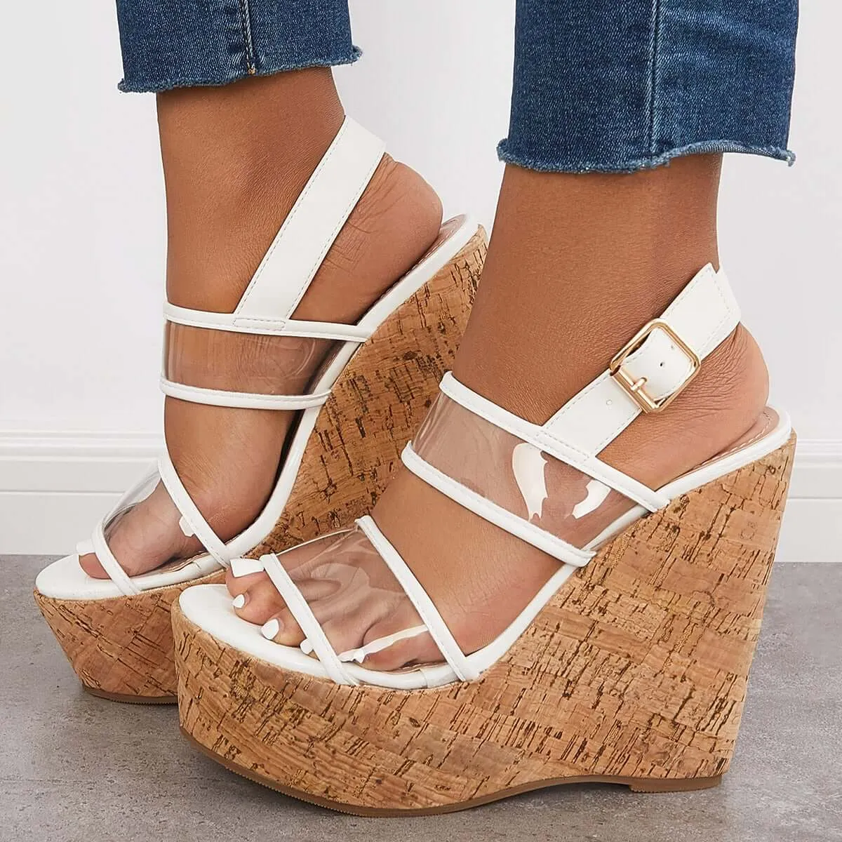 Sohiwoo Women Clear Cork Platform Wedges High Heel Ankle Strap Sandals