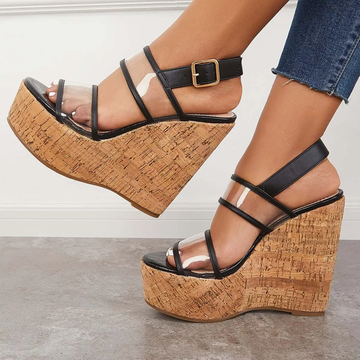 Sohiwoo Women Clear Cork Platform Wedges High Heel Ankle Strap Sandals