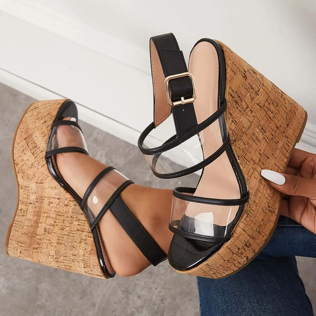 Sohiwoo Women Clear Cork Platform Wedges High Heel Ankle Strap Sandals