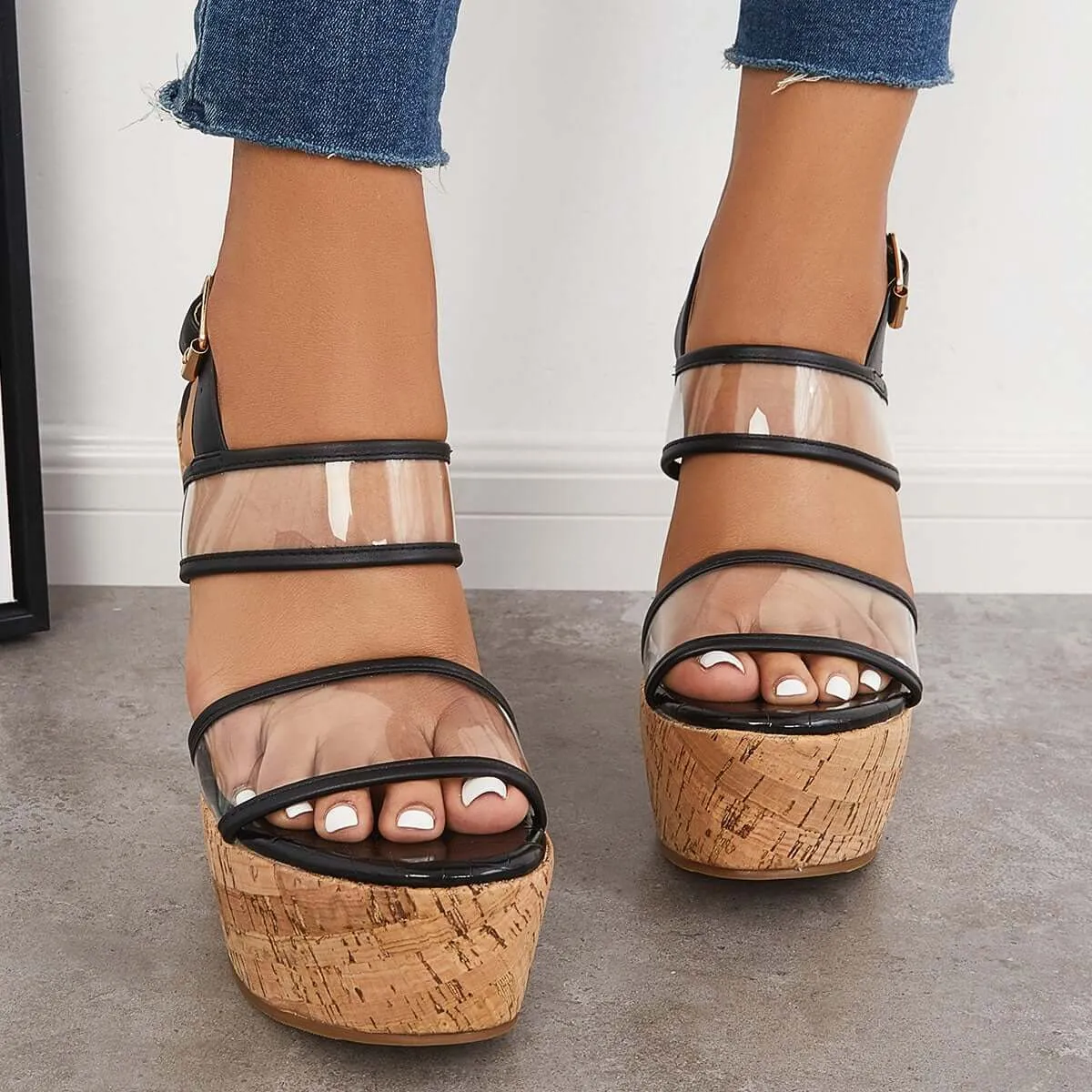 Sohiwoo Women Clear Cork Platform Wedges High Heel Ankle Strap Sandals