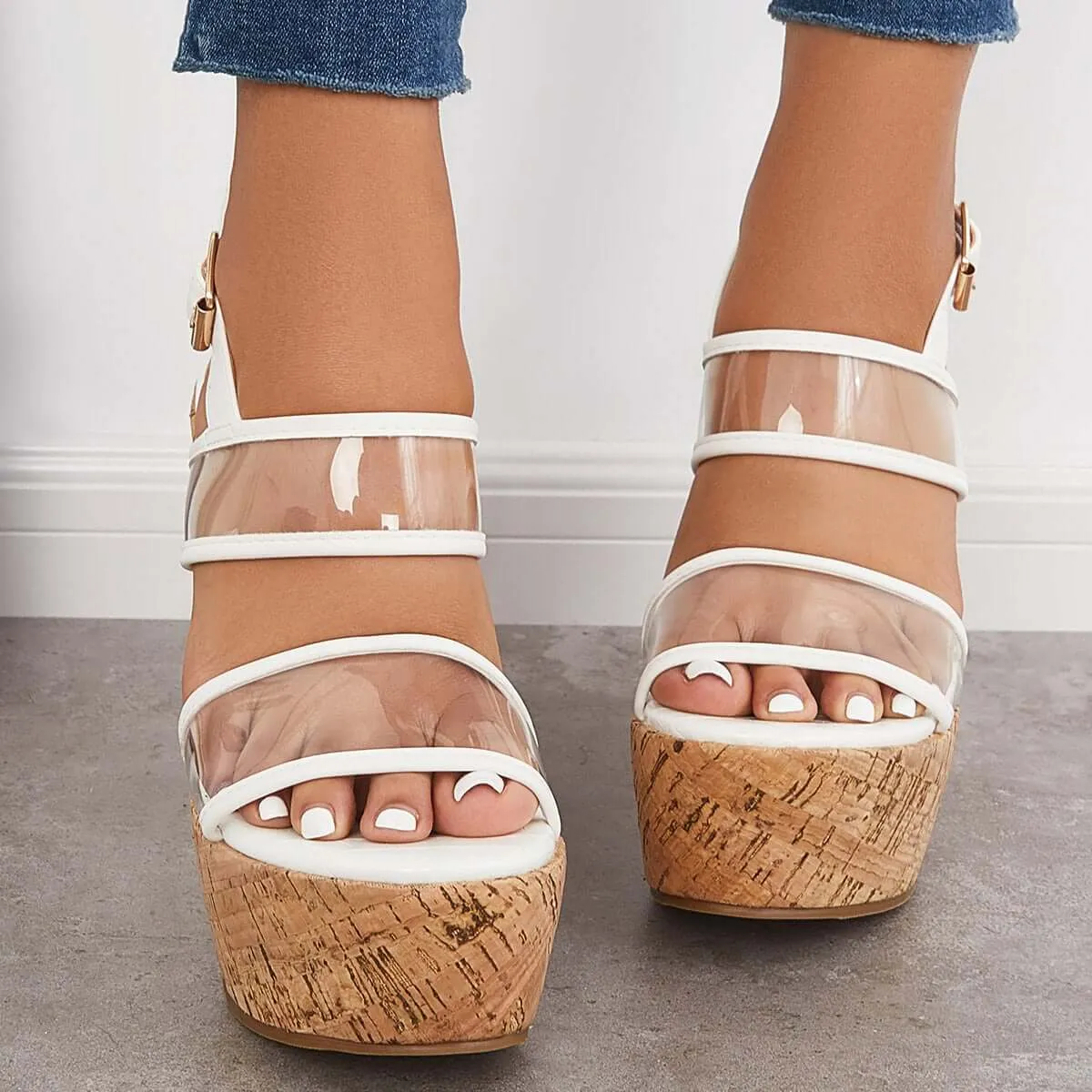 Sohiwoo Women Clear Cork Platform Wedges High Heel Ankle Strap Sandals