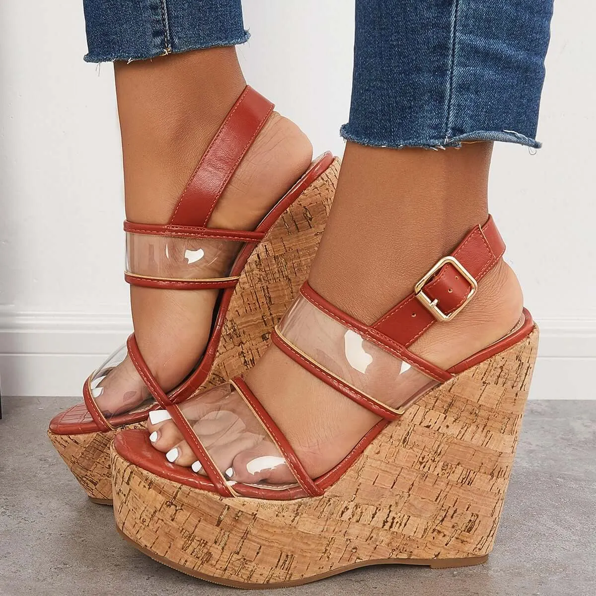 Sohiwoo Women Clear Cork Platform Wedges High Heel Ankle Strap Sandals