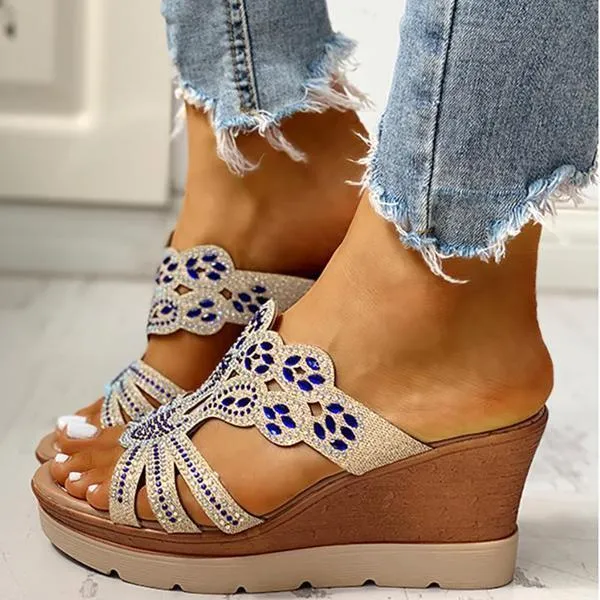 Sohiwoo  Women Rhinestone Platform Wedges Backless Slip-on Sandals