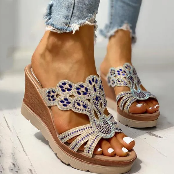 Sohiwoo  Women Rhinestone Platform Wedges Backless Slip-on Sandals