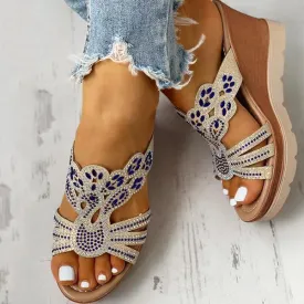 Sohiwoo  Women Rhinestone Platform Wedges Backless Slip-on Sandals