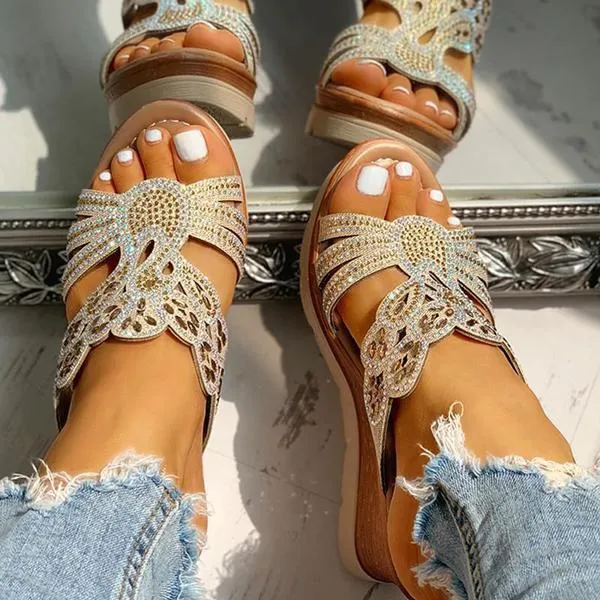 Sohiwoo  Women Rhinestone Platform Wedges Backless Slip-on Sandals
